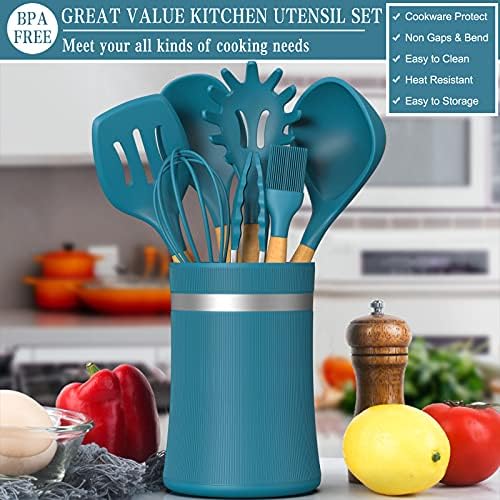 33 PCS Silicone Kitchen Utensils Set, Umite Chef Heat Resistant Cooking Utensils Set With Holder, Wooden Handle Kitchen Gadgets Tools Spatula for Nonstick Cookware