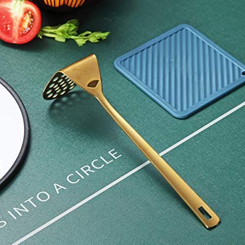 Gold Potato Masher, Berglander Heavy Duty Metal Potato Ricer Stainless Steel With Titanium Gold Plating, Food Utensil Hand, Vegetables Fruits Mashe, Dishwasher Safe, Easy to Clean