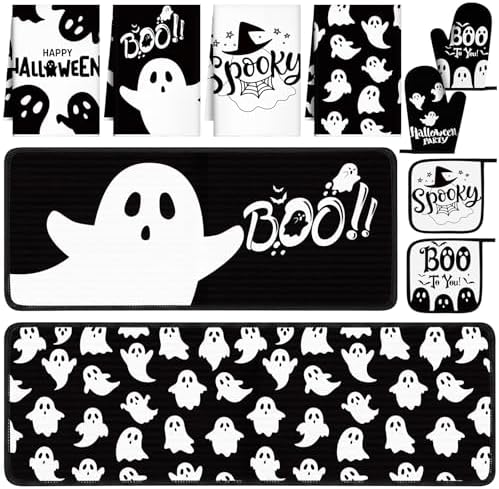 Fanfanwin 10 Pcs Halloween Kitchen Decor Set, Black White Ghost, Boo