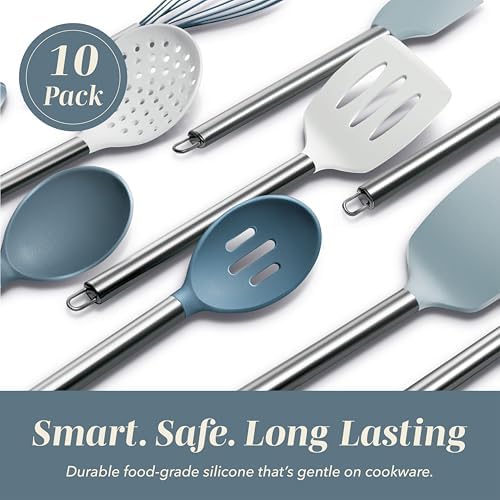 COOK WITH COLOR Silicone Cooking Utensils, Kitchen Utensil Set, Easy to Clean Silicone Kitchen Utensils, Cooking Utensils for Nonstick Cookware, Kitchen Gadgets Set, 10 Pieces, Blue and White