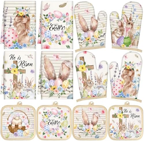 SiliFine 12 Pcs Easter Kitchen Accessories Set Easter Bunny Egg Oven Mitts Pot Holders Kitchen Towels He is Risen Christian Religious Decorations for Home Accessories, Cooking Baking Gifts