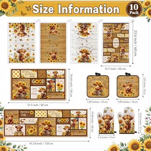 Highland Cow Kitchen Decor Set, 10 Pcs Highland Cattle Sunflower Farmhouse Kitchen Rugs, Dish Towels, Pot Holders & Oven Mitts, Heat Resistant Cooking Baking Accessories for Home Gifts