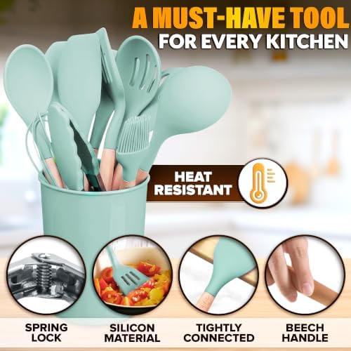 12Pcs Mint Green Kitchen Accessories with Holder for Nonstick Pans