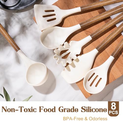 Non-Stick Silicone Kitchen Utensils Set with Natural Acacia Hard Wood Handle, Umite Chef 8 Pieces Kitchen Spatulas set, White, BPA Free, Baking, Serving and Cooking Utensils
