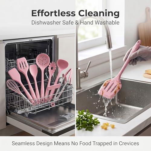 Vayvnt Cooking Utensils Set, 10PCS Non Toxic Silicone Set for Kitchen, Pink