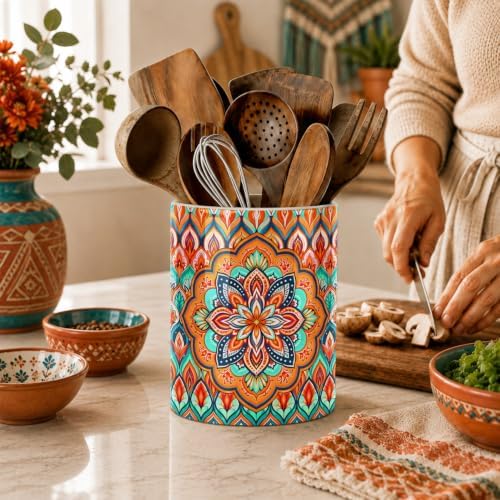Orange Bohemian Kitchen Utensil Holder, Boho Style Ceramic Utensil Holder For Countertop Organizer, 6.3'' Winter Cooking Utensil Crocks Festivel Decor Utensil Storage Cup for Spatulas, Spoons