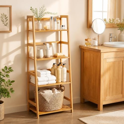 COSTWAY 44" Bamboo Ladder Shelf, Multifunctional Plant Flower Display Stand