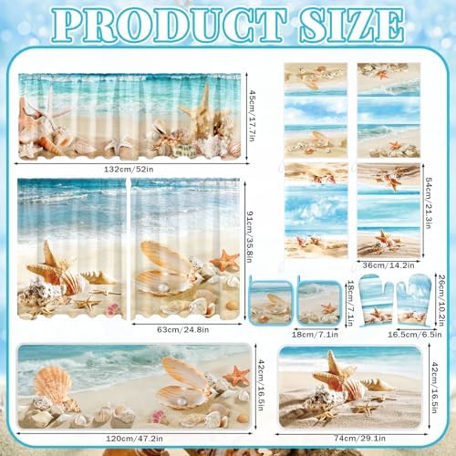 13 Pcs Beach Kitchen Decor Set 3 Seashell Kitchen Curtains Valance 2 Beach Rugs and Mats 4 Coastal Hand Towels 2 Pot Holders 2 Oven Mitts for Summer Home Decor Cooking Grilling Housewarming Gift