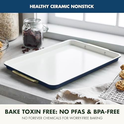 GreenPan Bakeware 13"x18" Half Baking Sheet Pan, Ceramic Nonstick Baking Pan, PFAS & BPA Free, Gold Handles, Durable Steel, Versatile & Space Saving Ovenware, Freezer to Oven Dish, Oxford Blue