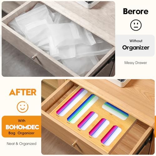 Bamboo Ziplock Bag Organizer for Kitchen Drawer & Wall Mount, Food Storage Baggie Holder, Fits Gallon Quart Sandwich Snack Freezer & Slider Bags, No Assembly, 6 in 1,Natural Color