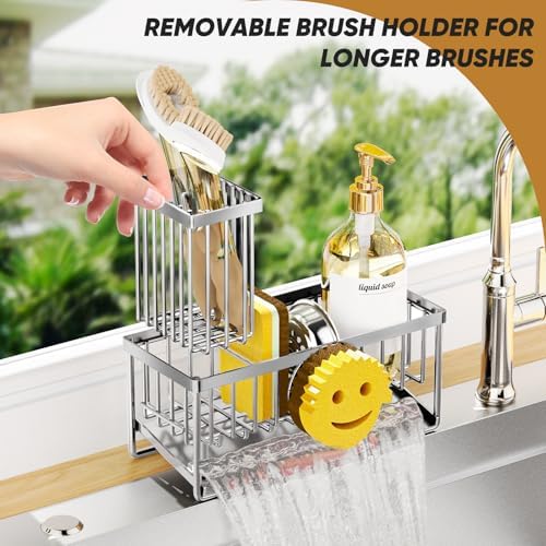 Sponge Holder for Kitchen Sink,Smiley Face Sink Caddy with Removable Brush Holder,Self-Draining Sponge Caddy for Soap,Dish Brush,Scrubber,Kitchen Essentials and Gadgets-Silver