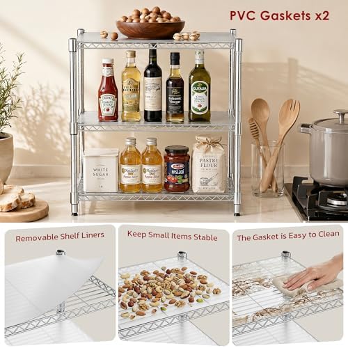 Heavy Duty 3-Shelf Shelving Unit, 24.02" W x 13.78" D x 21.97" H Chrome Steel Storage Rack with Wheels, 2 PP Shelf Liners and Hooks, Adjustable Under Desk Organizer for Kitchen, Office, Garage