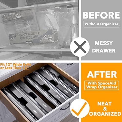 SpaceAid WrapNeat 3 in 1 Wrap Organizer with Cutter and Labels, Plastic Wrap, Aluminum Foil and Wax Bamboo Dispenser for Kitchen Storage Organization Holder for 12" Roll (Black)