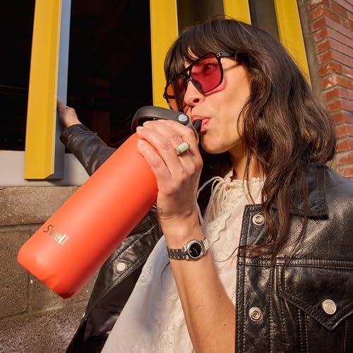 S'well Recycled Stainless Steel Explorer with Flip Straw Lid, 24oz, Radiant Coral, Triple Layered Vacuum Insulated Container Keeps Drinks Cold for 36 Hours and Hot for 8, BPA Free, Built In Handle