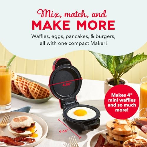 Dash MultiMaker Mini Waffle Maker, Removable Waffle & Griddle Plates, Red