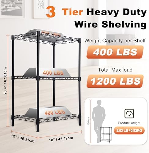 Whitmor 3 Tier Storage Shelves, Heavy Duty Metal Shelving, 400 lbs Capacity per Shelf, 1200 lbs Total, Easy Assembly for Kitchen, Garage, Plant, 18" L x 12" W x 26.4" H, Black