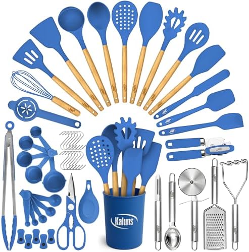 Kaluns 50 PCS Silicone Kitchen Utensils Set Complete Kitchen Set - 800°F Heat Resistant Non-Stick Premium Silicone Cooking Utensils W Wooden Handles - Can Opener, Masher, Turner, Silicone Spatula Set