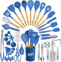 Kaluns 50 PCS Silicone Kitchen Utensils Set Complete Kitchen Set - 800°F Heat Resistant Non-Stick Premium Silicone Cooking Utensils W Wooden Handles - Can Opener, Masher, Turner, Silicone Spatula Set