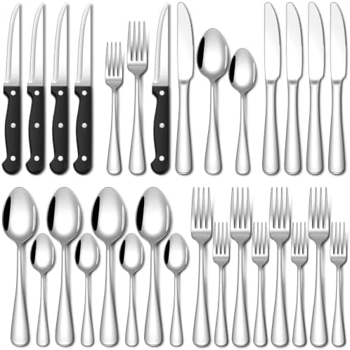 EUIRIO 24 Piece Silverware Set with Steak Knives Food Grade Stainless Steel Flatware Set for 4 Cutlery Utensil Set Mirror Polished Dishwasher Safe for Home Restaurant