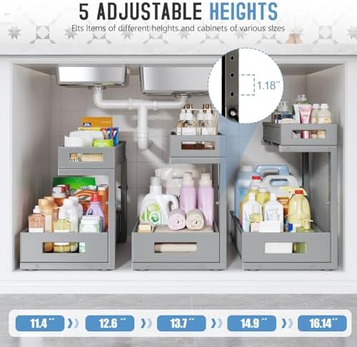 1 Pack 17IN Depth Under Sink Storage Organizer, Large 2-Tier Elegant Mesh Pull Out Shelf for Kitchen and Bathroom Cabinet Organization, L-Shaped and Adjustable Height Design-Gun Gray