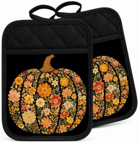 Boho Floral Pumpkin Fall Pot Holders for Kitchen 2 Pack Set