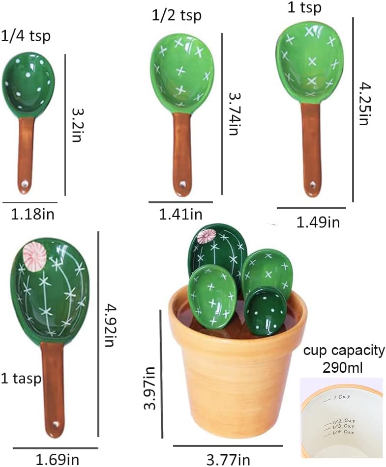 Cactus Measuring Spoons Set in Pot Ceramic Cute Measuring Cups and Spoons Unique Baking Gifts for Dry Wet Ingredients Dishwasher Safe 1 Tbsp 1 TSP 1/2 TSP 1/4 TSP 1 Cup Green