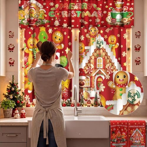 13 Pcs Gingerbread Man Kitchen Set, Towel Rug Valance Mitts