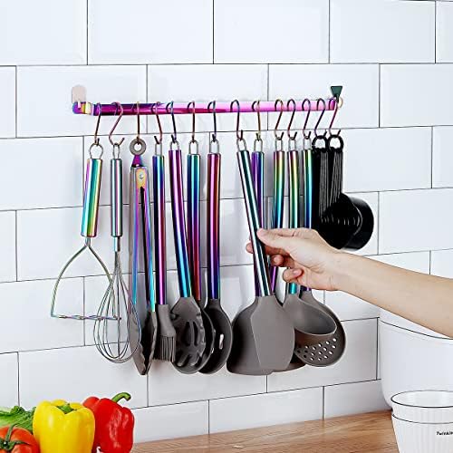 HOMQUEN 38 Piece Silicone Kitchen Cooking Utensils Set with Utensil Rack, Silicone Head and Stainless Steel Handle Cookware, Rainbow Handle with Silicone Head