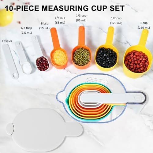 Stackable 10-Piece Measuring Cups and Spoons Set with White Lids