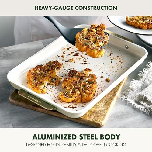 GreenPan Bakeware 13" x 9" Quarter Sheet Pan, Ceramic Nonstick Baking Pan, PFAS & BPA Free, Gold Handles, Durable Steel, Versatile & Space Saving Ovenware, Freezer to Oven Dish, Cream