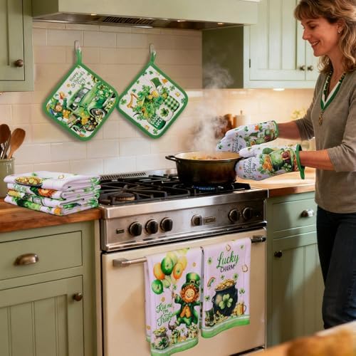 13 Pcs St. Patrick's Day Kitchen Decor Set 3 Shamrock Kitchen Curtains Valance 2 Irish Rugs and Mats 4 Hand Towels 2 Pot Holders 2 Oven Mitts for Home Decor Cooking Grilling Housewarming Gift