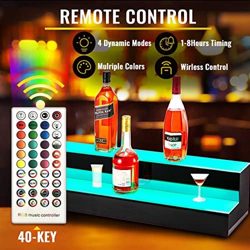 VEVOR LED Lighted Liquor Bottle Display Shelf, 2 Step 40 inch LED Home Bar Shelves, Acrylic Lighted Illuminated Display Rack with RF Remote & App Control 7 Static Colors 1-4 H Timing for 20 Bottles