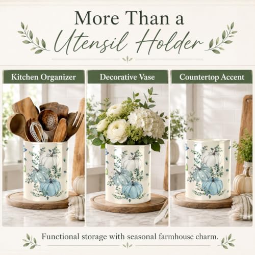 Fall Blue Kitchen Utensil Holder, Pumpkin Large Ceramic Utensil Holder For Kitchen Organizer, Autumn Farm 6.3'' Cooking Utensil Crocks Rustic Decor Utensil Storage Cup for Countertop