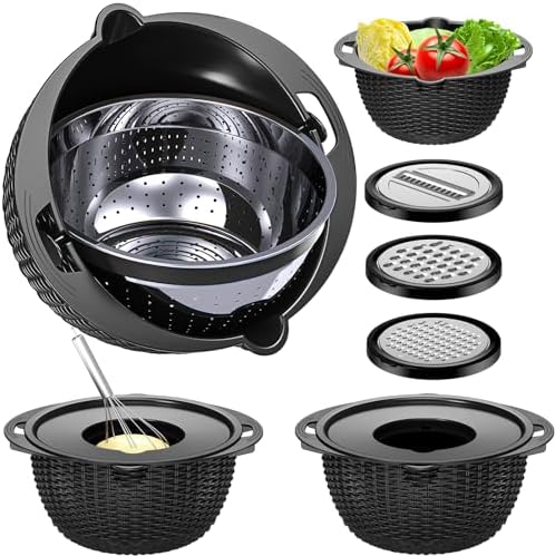4-1 Colander with Bowl Set - Pasta Strainer - Colander for Kitchen - Strainers and Colanders Rice Strainer Fruit Cleaner Veggie Wash Sink Strainer Kitchen Essentials - Black