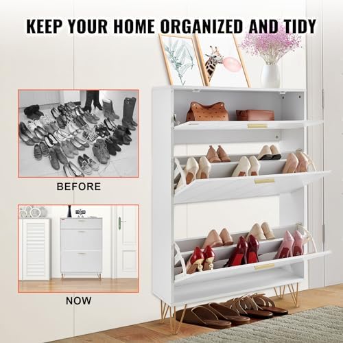 VEVOR Shoe Cabinet with 2 Flip Drawers, Modern Shoes Storage Cabinet with Storage Drawer and Anti-Tipping Device, Freestanding Shoe Organizer Ideas for Entryway, Hallway, Bedroom, Living Room, White