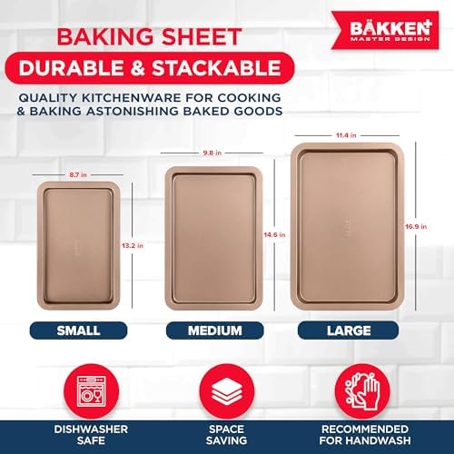 BAKKEN 3-Piece Kitchen Baking Pans - Small, Medium, and Large Cookie Pan, With Nonstick Coating, Stackable and Space-saving Design, PFOA, PFOS, PTFE Free, Oven Safe Tray (Up To 450°F), Brown