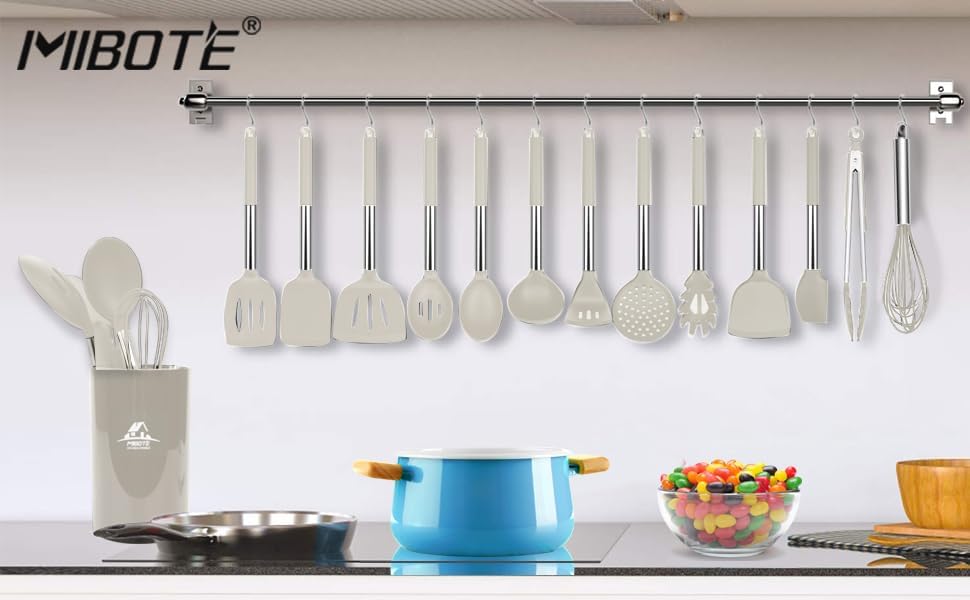 MIBOTE Silicone Kitchen Cooking Utensils Set, Steel Handle, Khaki