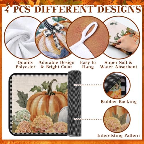 Fanfanwin 10 Pcs Fall Pumpkin Kitchen Decor Set Kitchen Towels Pot Holders Oven Mitts and Rugs Set Thanksgiving Towels for Baking Cooking BBQ Autumn Home(Vintage,Beige, Orange,10)