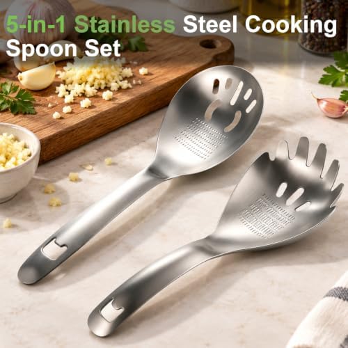 5-in-1 Stainless Steel Cooking Spoon, Multifunctional Kitchen Spoons with Potato Garlic Masher, Egg Yolk Separator, Grater Plate & Metal Slotted Scoop for Stirring Mashing