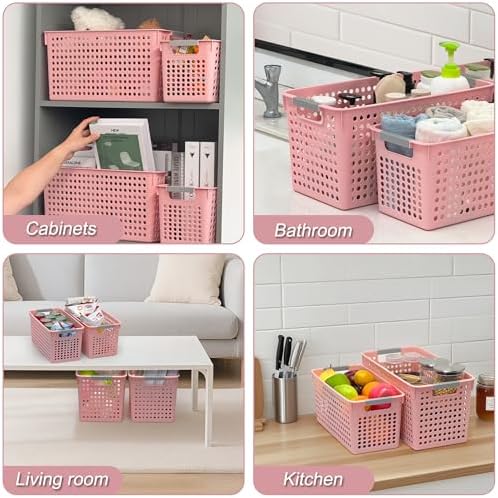 Soddeph Slim Plastic Storage Basket with Handles, Narrow Organizer box for Shelves, Organizer box for Organizing, Kitchen,Home,Office (Pink, Medium)