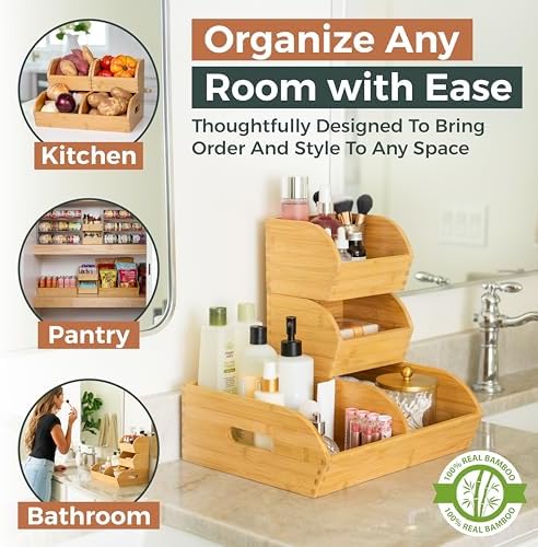 Potato and Onion Storage Bin, Stackable Bamboo Pantry Organizer and Storage
