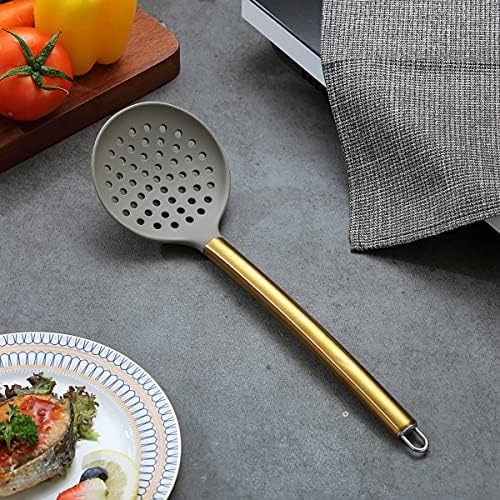 Gold Skimmer, Berglander Non-stick Silicone Strainer With Titanium Gold Plating handle, Kitchen Cooking Skimmers For Non-Stick Cookware, Dishwasher Safe, Easy to Clean