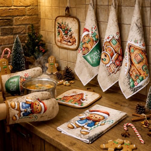 Fanfanwin 10 Pcs Christmas Gingerbread Man Kitchen Decor and Accessories Set Kitchen Towels Pot Holders Oven Mitts and Rugs for Baking Cooking BBQ Mom Housewarming Gifts