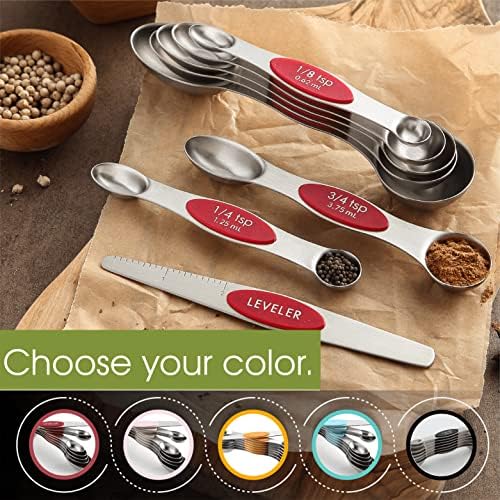 Spring Chef Stainless Steel Magnetic Measuring Spoons Set of 8, Red