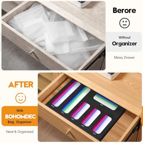 6 in 1 Bamboo Ziplock Bag Storage Organizer, Black Baggie Organizer for Drawer with Sliding Lid - Fits Gallon, Quart, Sandwich, Snack &Freezer Bags, Wall Mountable Kitchen Drawer Organization