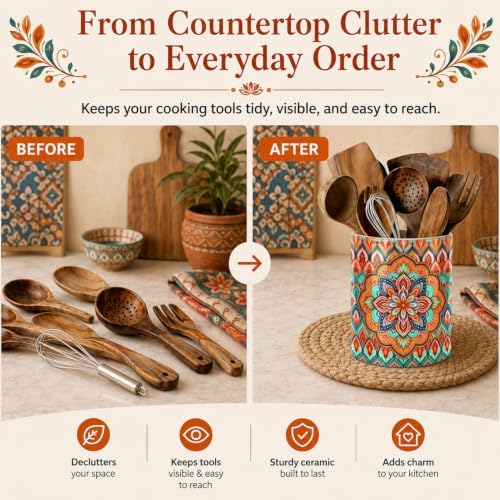 Orange Bohemian Kitchen Utensil Holder, Boho Style Ceramic Utensil Holder For Countertop Organizer, 6.3'' Winter Cooking Utensil Crocks Festivel Decor Utensil Storage Cup for Spatulas, Spoons