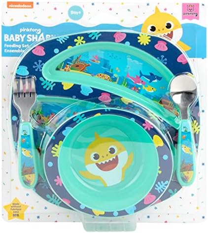 First Years Baby Shark Toddler Dinnerware Set - Includes Plate, Bowl, Fork and Spoon - 4 Count, Blue