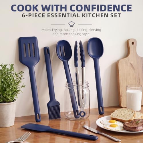 Kitchen Utensils Set 6 PCS,Silicone Cooking Utensils Set Spatula Set,446℉ Heat Resistant Cooking Utensils,Tongs,Spoon,BPA Free Kitchen Gadgets Appliances for Non-Stick Cookware,Home Essential(BLUE-6P)