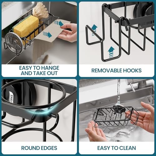 TAILI 4-in-1 Sponge Holder for Kitchen Sink with Strong Suction Cup-Black