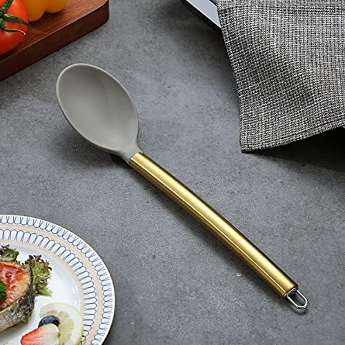 Berglander Non-stick Silicone Solid Serving Spoon, Titanium Gold Plating handle, Basting Spoon, Dishwasher Safe, Easy to Clean